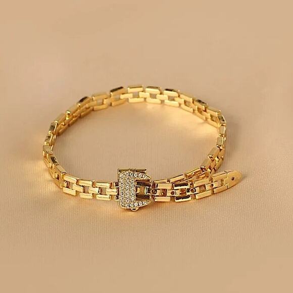 Gold Belt Buckle Bracelet Matching Ring Set, Zircon, Chain Link, Minimalist - Picture 4 of 13
